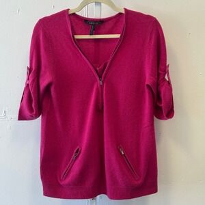 BCBGMAXAZRIA Cashmere Fuchsia Pink Zip V-Neck Roll Tab Sleeve Knit Sweater Med